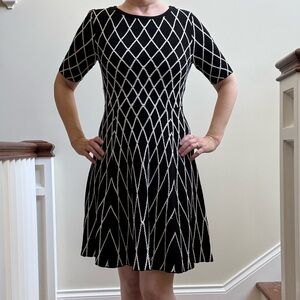 MILLY Geometric Diamond Sweater Dress Fit Flare Knit Feminine Designer Classic S